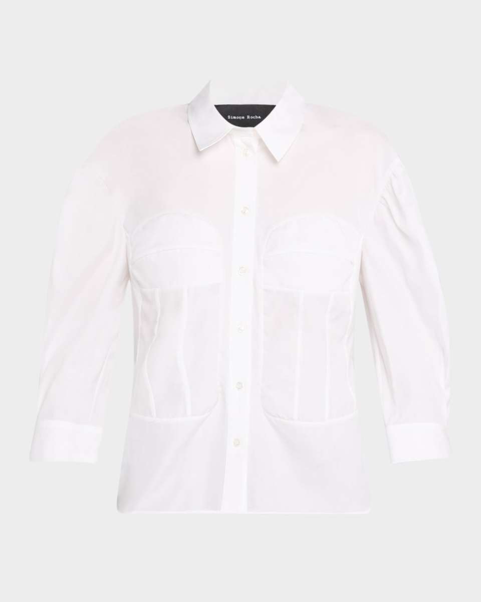 Corset Seaming Three-Quarter Sleeve Poplin Shirt